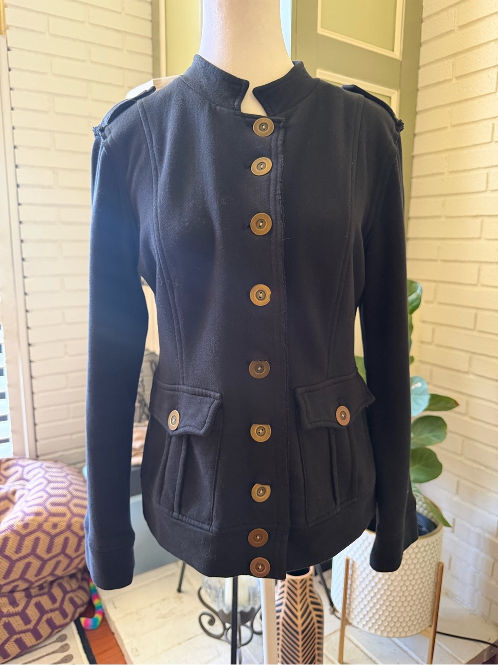 Vintage Tailored Green Dragon Black Military-Style Button Jacket